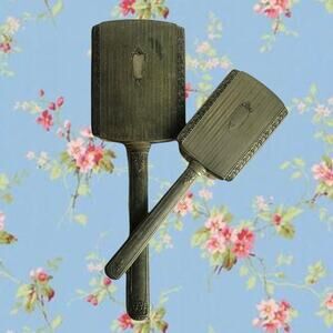 Mid Century Patina Silver Tone Vanity Set Hand Mirror Hair Brush Vintage Set